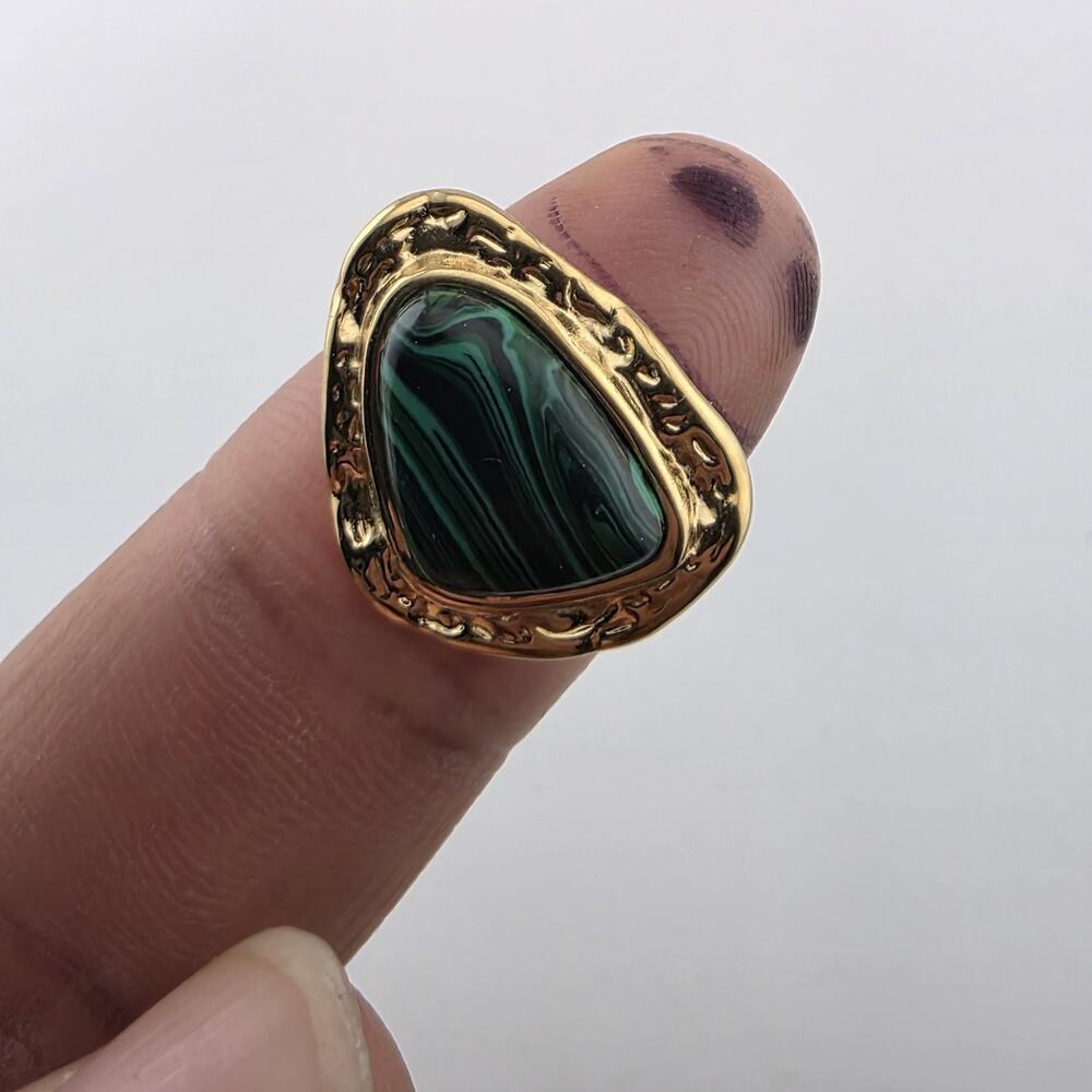 Green Malachite Style Adjustable Ring Gold Tone Stainless Steel Statement